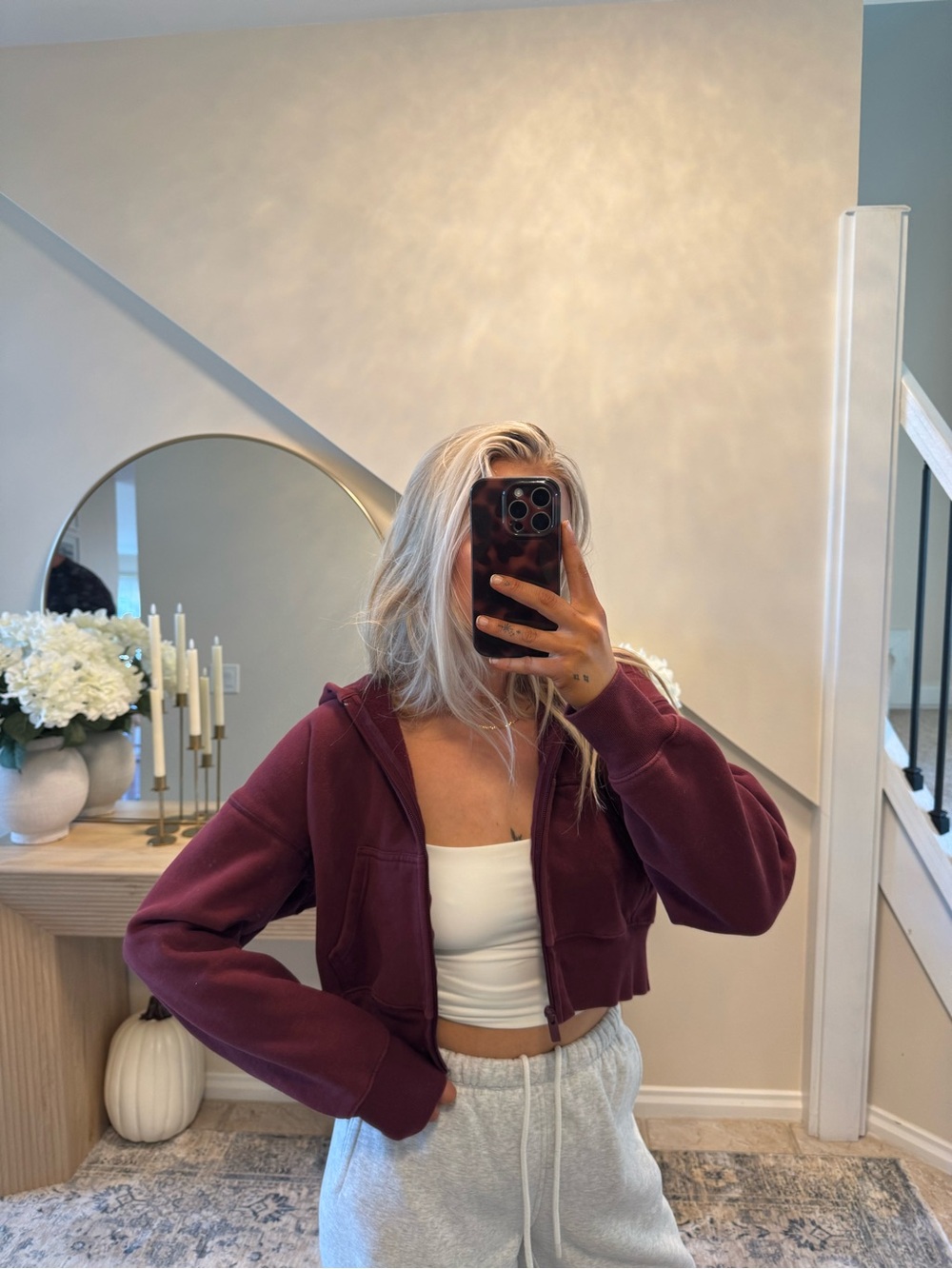 Aritzia Cropped Burgundy Zip-Up Hoodie